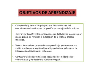 OBJETIVOS DE APRENDIZAJE
• Comprender y valorar las perspectivas fundamentales del
conocimiento didáctico y su proyección en la mejora de la práctica.
• Interpretar las diferentes concepciones de la Didáctica y construir un
marco propio de reflexión e indagación de la teoría y práctica
didáctica.
• Valorar los modelos de enseñanza-aprendizaje y estructurar una
visión propia que armonice el paradigma de desarrollo con el de
intervención didáctica más coherente.
• Configurar una opción didáctica apoyada en el modelo socio-
comunicativo y de desarrollo humano-integral.
 
