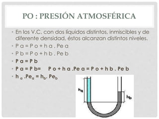 PO : PRESIÓN ATMOSFÉRICA
• En los V.C. con dos líquidos distintos, inmiscibles y de
diferente densidad, éstos alcanzan distintos niveles.
• P a = P o + h a . Pe a
• P b = P o + h b . Pe b
• P a = P b
• P a = P b= P o + h a .Pe a = P o + h b . Pe b
• h a .Pea = hb. Peb
 