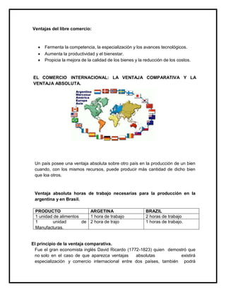 Ventajas del libre comercio:

Fermenta la competencia, la especialización y los avances tecnológicos.
Aumenta la productividad y el bienestar.
Propicia la mejora de la calidad de los bienes y la reducción de los costos.

EL COMERCIO INTERNACIONAL: LA VENTAJA COMPARATIVA Y LA
VENTAJA ABSOLUTA.

Un país posee una ventaja absoluta sobre otro país en la producción de un bien
cuando, con los mismos recursos, puede producir más cantidad de dicho bien
que loa otros.

Ventaja absoluta horas de trabajo necesarias para la producción en la
argentina y en Brasil.
PRODUCTO
ARGETINA
1 unidad de alimentos
1 hora de trabajo
1
unidad
de 2 hora de trajo
Manufacturas.

BRAZIL
2 horas de trabajo
1 horas de trabajo.

El principio de la ventaja comparativa.
Fue el gran economista inglés David Ricardo (1772-1823) quien demostró que
no solo en el caso de que aparezca ventajas
absolutas
existirá
especialización y comercio internacional entre dos países, también podrá

 