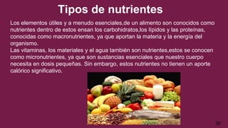 Tipos de nutrientes
Los elementos útiles y a menudo esenciales,de un alimento son conocidos como
nutrientes dentro de estos ensan los carbohidratos,los lípidos y las proteínas,
conocidas como macronutrientes, ya que aportan la materia y la energía del
organismo.
Las vitaminas, los materiales y el agua también son nutrientes,estos se conocen
como micronutrientes, ya que son sustancias esenciales que nuestro cuerpo
necesita en dosis pequeñas. Sin embargo, estos nutrientes no tienen un aporte
calórico significativo.
30
 
