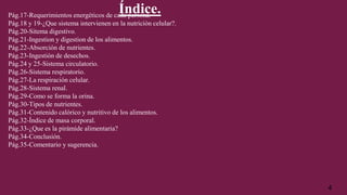 Índice.Pág.17-Requerimientos energéticos de cada persona.
Pág.18 y 19-¿Que sistema intervienen en la nutrición celular?.
Pág.20-Sitema digestivo.
Pág.21-Ingestion y digestion de los alimentos.
Pág.22-Absorción de nutrientes.
Pág.23-Ingestión de desechos.
Pág.24 y 25-Sistema circulatorio.
Pág.26-Sistema respiratorio.
Pág.27-La respiración celular.
Pág.28-Sistema renal.
Pág.29-Como se forma la orina.
Pág.30-Tipos de nutrientes.
Pág.31-Contenido calórico y nutritivo de los alimentos.
Pág.32-Índice de masa corporal.
Pág.33-¿Que es la pirámide alimentaria?
Pág.34-Conclusión.
Pág.35-Comentario y sugerencia.
4
 
