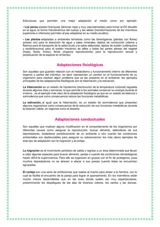 Estructuras que permiten una mejor adaptación al medio como por ejemplo:
- Los peces poseen branquias (láminas rojas y muy vascularizadas) para tomar el O2 disuelto
en el agua, la forma hidrodinámica del cuerpo y las aletas (transformaciones de los miembros
superiores e inferiores) permiten al pez adaptarse en su medio acuático.
- Las plantas adaptadas a ambientes terrestres como las fanerógamas (plantas con flores)
poseen raíz para la absorción de agua y sales minerales, tejidos de conducción (xilema y
floema) para el transporte de la sabia bruta y la sabia elaborada, tejidos de sostén (colénquima
y esclerénquima) para el sostén mecánico de tallos y todas las partes aéreas del vegetal
(hojas, flores, frutos), flores (órganos reproductores) para la reproducción sexual y
perpetuación de la especie en el tiempo.
Adaptaciones fisiológicas
Son aquellas que guardan relación con el metabolismo y funcionamiento interno de diferentes
órganos o partes del individuo, es decir representan un cambio en el funcionamiento de su
organismo para resolver algún problema que se les presenta en el ambiente: los ejemplos
principales de las adaptaciones fisiológicas son la hibernación y la estivación.
La hibernación es un estado de hipotermia (disminución de la temperatura corporal) regulada
durante algunos días o semanas, lo que permite a los animales conservar su energía durante el
invierno , es el ejemplo más claro de la adaptación fisiológica ya que es un estado de latencia o
somnolencia que como consecuencia reduce las funciones metabólicas.
La estivación, al igual que la hibernación, es un estado de somnolencia que presentan
algunos organismos como consecuencia de la reducción de sus funciones metabólicas durante
la estación cálida, en regiones como el desierto.
Adaptaciones conductuales
Son aquellas que implican alguna modificación en el comportamiento de los organismos por
diferentes causas como asegurar la reproducción, buscar alimento, defenderse de sus
depredadores, trasladarse periódicamente de un ambiente a otro cuando las condiciones
ambientales son desfavorables para asegurar su sobrevivencia: los más claros ejemplos de
este tipo de adaptación son la migración y el cortejo.
La migración es el movimiento periódico de salida y regreso a un área determinada que llevan
a cabo algunas especies para buscar alimento, pareja o cuando las condiciones climatológicas
hacen difícil la supervivencia. Para ello se organizan en grupos con el fin de protegerse, pues
muchos depredadores no se atreven a atacar a sus presas cuando éstas se encuentran
agrupadas.
El cortejo son una serie de exhibiciones que realiza el macho para atraer a la hembra, con lo
cual se facilita el encuentro de la pareja para lograr el apareamiento. En los mamíferos están
mucho menos desarrolladas que en las aves donde suelen ser muy espectaculares,
predominando los despliegues de las alas de diversos colores, los cantos y las danzas.
 