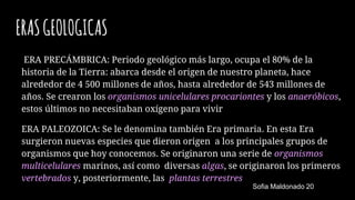 ERASGEOLOGICAS
ERA PRECÁMBRICA: Periodo geológico más largo, ocupa el 80% de la
historia de la Tierra: abarca desde el origen de nuestro planeta, hace
alrededor de 4 500 millones de años, hasta alrededor de 543 millones de
años. Se crearon los organismos unicelulares procariontes y los anaeróbicos,
estos últimos no necesitaban oxígeno para vivir
ERA PALEOZOICA: Se le denomina también Era primaria. En esta Era
surgieron nuevas especies que dieron origen a los principales grupos de
organismos que hoy conocemos. Se originaron una serie de organismos
multicelulares marinos, así como diversas algas, se originaron los primeros
vertebrados y, posteriormente, las plantas terrestres
Sofia Maldonado 20
 