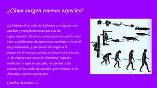 ¿Cómo surgen nuevas especies?
La historia de la vida en el planeta está ligada a los
cambios y transformaciones que este ha
experimentado. El proceso general por el cual los seres
vivos o poblaciones de organismos cambian a través de
las generaciones, y que puede dar origen a la
formación de nuevas especies, se denomina evolución.
A las especies nuevas se les denomina “especies
modernas” o especies actuales; en cambio, a las
especies de las cuales descienden, generalmente se les
denomina especies ancestrales.
Catalina Mateluna.22.
 