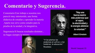 Comentario y Sugerencia.
Comentario:Este trabajo a nosotras nos
pareció muy entretenido, una forma
didáctica de estudiar y aprender la materia
.Aparte nos sirve como estudio para la
prueba de la unidad y la integrativa.
Sugerencia:Si buscas resultados distintos ,
no hagas siempre lo mismo.
Muriel Vasquez 33
 