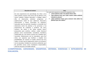 3.COMPETENCIAS, CAPACIDADES, DESEMPEÑOS, CRITERIOS, EVIDENCIAS E INTRUMENTOS DE
EVALUACIÓN.
Situación de Contexto Reto
En esta experiencia de aprendizaje, las niñas y los
niños podrán conocer más acerca de las plantas y de
cómo cuidarla. Podrán descubrir e indagar sobre
ella al observarla, plantear preguntas y
explicaciones sobre lo que observan. Buscarán
información y harán recorridos en espacios
naturales que les permita visualizar y entender las
relaciones entre las plantas y las personas y la
importancia de cuidarlas y sembrar. De esta
manera, las niñas y los niños podrán hacer
propuestas para sembrar, cultivar, cuidar diversas
plantas como ornamentales, aromáticas, hortalizas
medicinales etc. Así mismo conocer los cuidados que
necesitan. Relacionarse con la naturaleza, para los
niños son aspectos que facilitan y amplían las
posibilidades de conocer el medio natural que los
rodea, es decir que la exploración activa y el contacto
con la naturaleza, fortalece la conciencia ambiental, que
les permitirá actuar como ciudadanos responsables
ante los recursos y el medio natural
En razón de lo expuesto se presenta los siguientes retos:
 ¿Cómo podemos saber si las plantas tienen vida?
 ¿Qué podemos hacer para cuidar nuestro medio ambiente
cuidando las plantas?
 ¿Qué podemos hacer para conocer más sobre las
plantas que nos rodea?
 