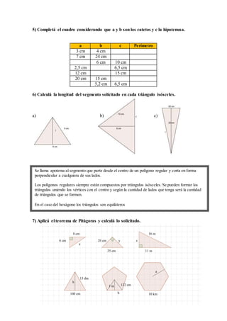 5) Completá el cuadro considerando que a y b son los catetos y c la hipotenusa.
a b c Perímetro
3 cm 4 cm
7 cm 24 cm
6 cm 10 cm
2,5 cm 6,5 cm
12 cm 15 cm
20 cm 15 cm
5,2 cm 6,5 cm
6) Calculá la longitud del segmento solicitado en cada triángulo isósceles.
a) b) c)
7) Aplicá el teorema de Pitágoras y calculá lo solicitado.
Se llama apotema al segmento que parte desde el centro de un polígono regular y corta en forma
perpendicular a cualquiera de sus lados.
Los polígonos regulares siempre están compuestos por triángulos isósceles. Se pueden formar los
triángulos uniendo los vértices con el centro y según la cantidad de lados que tenga será la cantidad
de triángulos que se formen.
En el caso del hexágono los triángulos son equiláteros
10 km
x
8 cm
6 cm
25 cm
y20 cm
11 m
16 m
z
100 cm
13 dm
h
b
122 cm1 m
a
 