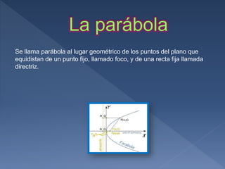 Se llama parábola al lugar geométrico de los puntos del plano que
equidistan de un punto fijo, llamado foco, y de una recta fija llamada
directriz.
 
