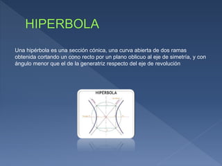 Una hipérbola es una sección cónica, una curva abierta de dos ramas
obtenida cortando un cono recto por un plano oblicuo al eje de simetría, y con
ángulo menor que el de la generatriz respecto del eje de revolución
 