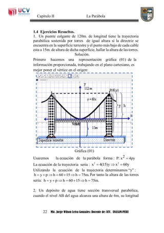 Capítulo II La Parábola
22 MSc. Jorge Wilson Leiva Gonzales: Docente de: UCV. UNASAM-PERU
1.4 Ejercicios Resueltos.
1. Un puente colgante de 120m. de longitud tiene la trayectoria
parabólica sostenida por torres de igual altura si la directriz se
encuentra en la superficie terrestre y el punto más bajo de cada cable
esta a 15m. de altura de dicha superficie, hallar la altura de las torres.
Solución.
Primero hacemos una representación gráfica (01) de la
información proporcionada, trabajando en el plano cartesiano, es
mejor poner el vértice en el origen:
Gráfica (01)
Usaremos la ecuación de la parábola forma : 2P: x 4py
La ecuación de la trayectoria seria : 2 2
x 4(15)y x 60y  
Utilizando la ecuación de la trayectoria determinamos “y” :
h y p h 60 15 h 75m.       Por tanto la altura de las torres
sería: h y p h 60 15 h 75m.      
2. Un depósito de agua tiene sección transversal parabólica,
cuando el nivel AB del agua alcanza una altura de 6m, su longitud
 