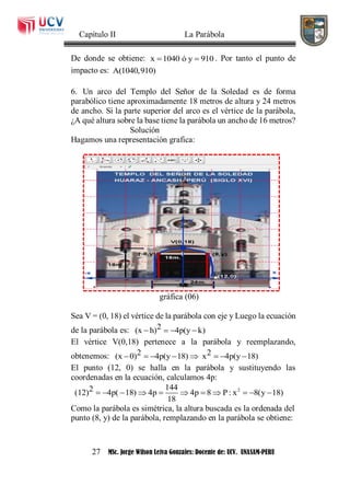 Capítulo II La Parábola
27 MSc. Jorge Wilson Leiva Gonzales: Docente de: UCV. UNASAM-PERU
De donde se obtiene: x 1040 ó y 910  . Por tanto el punto de
impacto es: A(1040,910)
6. Un arco del Templo del Señor de la Soledad es de forma
parabólico tiene aproximadamente 18 metros de altura y 24 metros
de ancho. Si la parte superior del arco es el vértice de la parábola,
¿A qué altura sobre la base tiene la parábola un ancho de 16 metros?
Solución
Hagamos una representación grafica:
gráfica (06)
Sea V = (0, 18) el vértice de la parábola con eje y Luego la ecuación
de la parábola es: 2(x h) 4p(y k)   
El vértice V(0,18) pertenece a la parábola y reemplazando,
obtenemos: 2 2(x 0) 4p(y 18) x 4p(y 18)       
El punto (12, 0) se halla en la parábola y sustituyendo las
coordenadas en la ecuación, calculamos 4p:
21442(12) 4p( 18) 4p 4p 8 P: x 8(y 18)
18
          
Como la parábola es simétrica, la altura buscada es la ordenada del
punto (8, y) de la parábola, remplazando en la parábola se obtiene:
 