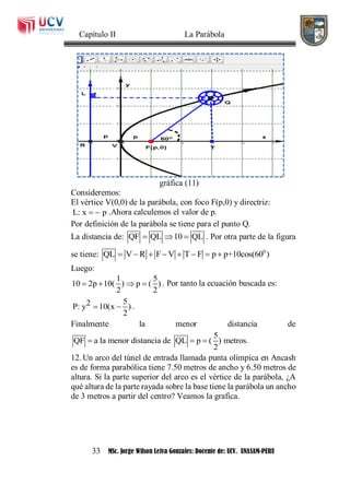 Capítulo II La Parábola
33 MSc. Jorge Wilson Leiva Gonzales: Docente de: UCV. UNASAM-PERU
gráfica (11)
Consideremos:
El vértice V(0,0) de la parábola, con foco F(p,0) y directriz:
L: x p  .Ahora calculemos el valor de p.
Por definición de la parábola se tiene para el punto Q.
La distancia de: QF QL 10 QL   . Por otra parte de la figura
se tiene: 0
QL V R F V T F p p+10cos(60 )       
Luego:
1 5
10 2p 10( ) p ( )
2 2
    . Por tanto la ecuación buscada es:
52P: y 10(x )
2
  .
Finalmente la menor distancia de
5
QF a la menor distancia de QL p ( ) metros.
2
  
12. Un arco del túnel de entrada llamada punta olímpica en Ancash
es de forma parabólica tiene 7.50 metros de ancho y 6.50 metros de
altura. Si la parte superior del arco es el vértice de la parábola, ¿A
qué altura de la parte rayada sobre la base tiene la parábola un ancho
de 3 metros a partir del centro? Veamos la grafica.
 
