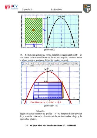 Capítulo II La Parábola
36 MSc. Jorge Wilson Leiva Gonzales: Docente de: UCV. UNASAM-PERU
gráfica (13)
14. Se tiene un estante de forma parabólica según gráfica (14 - a)
y se desea colocara un librero de forma rectangular, se desea saber
la altura máxima a colocar dicho librero (en metros).
gráfica (14 - a)
Solución.
Según los datos hacemos su gráfica (14 - b), debemos hallar el valor
de y, además colocando el vértice de la parábola sobre el eje y, la
base sobre el eje x.
 
