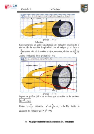 Capítulo II La Parábola
38 MSc. Jorge Wilson Leiva Gonzales: Docente de: UCV. UNASAM-PERU
gráfica (15 - a)
Solución.
Representemos un corte longitudinal del reflector, mostrando el
vértice de la sección longitudinal en el origen y el foco a
9
unidades
4
del vértice sobre el eje x, entonces, el foco es
9
F( ,0)
4
, como se muestra en la gráfica (15 - b):
gráfica (15 - b)
Según su gráfica (15 - b) se tiene por ecuación de la parábola
2P: y 4px
Como
9
p
4
 , entonces: 2 29
y =4( )x y 9x
4
  .Por tanto la
ecuación del reflector es: 2
P: y 9x
 