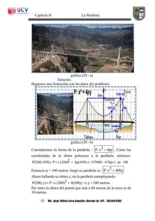 Capítulo II La Parábola
53 MSc. Jorge Wilson Leiva Gonzales: Docente de: UCV. UNASAM-PERU
gráfica (28 - a)
Solución.
Hagamos una ilustración con los datos del problema:
gráfica (28 - b)
Consideremos la forma de la parábola : 2P: x 4py . Como las
coordenadas de la altura pertenece a la parábola, entonces:
2P(260,169) P (260) 4p(169) 67600 676p p 100      
Entonces p = 100 metros, luego su parábola es: 2P: x 400y
Ahora hallando su altura y, en la parábola reemplazando:
2P(200,y) P (200) 4(100)y y 100 metros.    
Por tanto la altura del puntal que está a 60 metros de la torre es de
10 metros.
 