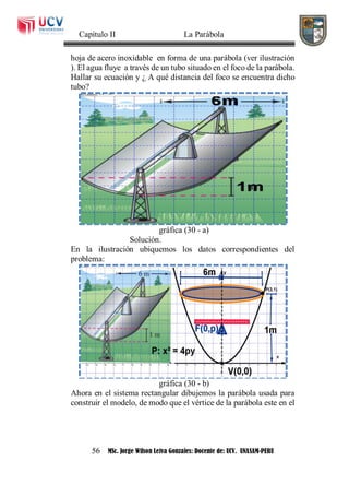 Capítulo II La Parábola
56 MSc. Jorge Wilson Leiva Gonzales: Docente de: UCV. UNASAM-PERU
hoja de acero inoxidable en forma de una parábola (ver ilustración
). El agua fluye a través de un tubo situado en el foco de la parábola.
Hallar su ecuación y ¿ A qué distancia del foco se encuentra dicho
tubo?
gráfica (30 - a)
Solución.
En la ilustración ubiquemos los datos correspondientes del
problema:
gráfica (30 - b)
Ahora en el sistema rectangular dibujemos la parábola usada para
construir el modelo, de modo que el vértice de la parábola este en el
 