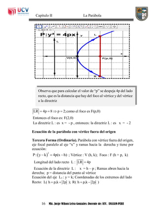 Capítulo II La Parábola
16 MSc. Jorge Wilson Leiva Gonzales: Docente de: UCV. UNASAM-PERU
LR 4p 8 p 2;como el foco es F(p,0)
Entonces el foco es: F(2,0)
   
La directriz L : es x = - p , entonces: la directriz L : es x = - 2
Ecuación de la parábola con vértice fuera del origen
Tercera Forma (Ordinaria). Parábola con vértice fuera del origen,
eje focal paralelo al eje “x” y ramas hacia la derecha y tiene por
ecuación:
 
2
P: y k 4p(x h)   ; Vértice : V (h, k); Foco : F (h + p, k)
Longitud del lado recto L : LR 4p
Ecuación de la directriz L : x = h – p ; Ramas abren hacia la
derecha; p = distancia del punto al vértice
Ecuación del eje L1 : y = k; Coordenadas de los extremos del lado
Recto: L( h p,k 2p ); R( h p,k 2p )   
Observa que para calcular el valor de “p” se despeja 4p del lado
recto, que es la distancia que hay del foco al vértice y del vértice
a la directriz
 
