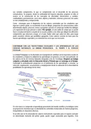 12
sus variados componentes, lo que se complementa con el desarrollo de los procesos
comunicativos. Se propone, desde la continuidad del trayecto educativo, propiciar en ellos el
avance en la construcción de los conceptos de diversidad, interacciones y cambios;
continuidades y permanencias, seres vivos, objetos y materiales, sistemas y procesos, los cuales
se irán complejizando y enriqueciendo.
Como estrategias para el diagnóstico de los saberes construidos por los estudiantes que
ingresan a primer grado, se recomienda el uso de dibujos, propuestas de conversaciones sobre
determinados objetos, procesos, temas o preguntas; puestas en común que faciliten los diálogos
y la exposición de lo que piensan o saben. Por ejemplo, en una salida de campo que se puede
hacer a la plaza del barrio o al patio de la escuela, pedirles a los niños que dibujen los diferentes
componentes que observan y luego, en el aula, hablar sobre qué saben de ellos, para luego
poder encontrar criterios que posibiliten agruparlos. Estos saberes servirán de base para los
nuevos aprendizajes esperados y se retomarán las veces que sea necesario.
CONTRIBUIR CON LAS TRAYECTORIAS ESCOLARES Y LOS APRENDIZAJES DE LAS
CIENCIAS NATURALES: LA UNIDAD PEDAGÓGICA. EL TIEMPO Y EL ESPACIO
ESCOLAR.
La Unidad Pedagógica se ha diseñado con el propósito de contribuir con la trayectoria escolar de
los estudiantes y mejorar la calidad de los aprendizajes en general y, en este caso particular, de
los saberes de las de Ciencias Naturales integrados a los de Tecnología. Requiere un trabajo
conjunto y articulado entre la Educación Inicial y Primaria que se sostenga en el tiempo.
Contempla la profundización progresiva en el tratamiento de los aprendizajes a enseñar, su
selección, organización, secuenciación y complejización desde la valoración de la diversidad de
posibilidades de aprendizaje de los niños.
En este marco se comprende al aprendizaje proveniente del mundo científico y tecnológico como
un proyecto de enseñanza que va abordando los contenidos involucrados de manera progresiva,
incluyéndolos en situaciones diversas.
Si un niño aún no ha alcanzado los saberes teóricamente esperados para el espacio curricular
en determinado momento del primer grado, puede seguir avanzando para lograrlos. Esto
 
