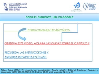 COPIA EL SIGUIENTE URL EN GOOGLE
Fidias Arias (2004) El proyecto de investigación. Cuarta edición. Editorial Episteme. Caracas –
Venezuela. ISBN: 980-07-8529-9.11. Pg 25 a 29-30 a 34. y pg 48 a 52. 51 a 56
https://youtu.be/-Bvub3mCpvA
OBSERVA ESTE VIDEO, ACLARA LAS DUDAS SOBRE EL CAPITULO II.
RECUERDA LAS INSTRUCCIONES Y
ASESORIA IMPARTIDA EN CLASE.
 