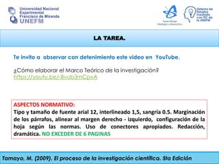 LA TAREA.
Tamayo, M. (2009). El proceso de la investigación científica. 5ta Edición
Te invito a observar con detenimiento este video en YouTube.
¿Cómo elaborar el Marco Teórico de la investigación?
https://youtu.be/-Bvub3mCpvA
ASPECTOS NORMATIVO:
Tipo y tamaño de fuente arial 12, interlineado 1,5, sangría 0.5. Marginación
de los párrafos, alinear al margen derecho - izquierdo, configuración de la
hoja según las normas. Uso de conectores apropiados. Redacción,
dramática. NO EXCEDER DE 6 PAGINAS
 