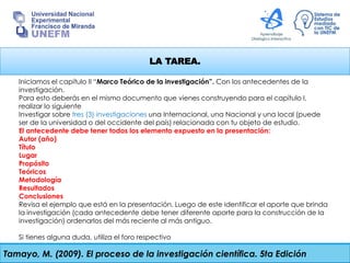 LA TAREA.
Tamayo, M. (2009). El proceso de la investigación científica. 5ta Edición
Iniciamos el capítulo II “Marco Teórico de la investigación”. Con los antecedentes de la
investigación.
Para esto deberás en el mismo documento que vienes construyendo para el capítulo I,
realizar lo siguiente
Investigar sobre tres (3) investigaciones una Internacional, una Nacional y una local (puede
ser de la universidad o del occidente del país) relacionada con tu objeto de estudio.
El antecedente debe tener todos los elemento expuesto en la presentación:
Autor (año)
Título
Lugar
Propósito
Teóricos
Metodología
Resultados
Conclusiones
Revisa el ejemplo que está en la presentación. Luego de este identificar el aporte que brinda
la investigación (cada antecedente debe tener diferente aporte para la construcción de la
investigación) ordenarlos del más reciente al más antiguo.
Si tienes alguna duda, utiliza el foro respectivo
 
