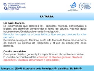LA TAREA.
Tamayo, M. (2009). El proceso de la investigación científica. 5ta Edición
Las bases teóricas.
Se recomienda que describa los aspectos teóricos, contextuales o
legales que permitan comprender el tema de estudio. Además debe
hacerse mención del problema de investigación.
Redacta los aspectos o bases teóricas tipo ensayo, coloque las citas
del autor.
Definición de algunos términos. Junto a la teoría de forma ordena. Tome
en cuenta los criterios de redacción y el uso de conectores entre
párrafos.
Cuadro de variable.
Coloque el objetivo general y los específicos en el cuadro de variable.
El cuadro de variables debe contener el objetivo general, objetivos
específicos, variables, dimensiones e indicadores.
 