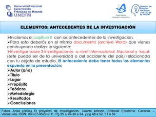 ELEMENTOS: ANTECEDENTES DE LA INVESTIGACIÓN
Fidias Arias (2004) El proyecto de investigación. Cuarta edición. Editorial Episteme. Caracas –
Venezuela. ISBN: 980-07-8529-9.11. Pg 25 a 29-30 a 34. y pg 48 a 52. 51 a 56
Iniciamos el capítulo II con los antecedentes de la investigación.
Para esto deberás en el mismo documento (archivo Word) que vienes
construyendo realizar lo siguiente:
Investigar sobre 3 investigaciones a nivel Internacional, Nacional y local:
(este puede ser de la universidad o del occidente del país) relacionada
con tu objeto de estudio. El antecedente debe tener todos los elementos
expuesto en la presentación:
Autor (año)
Título
Lugar
Propósito
Teóricos
Metodología
Resultados
Conclusiones
 