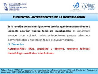 ELEMENTOS: ANTECEDENTES DE LA INVESTIGACIÓN
Fidias Arias (2004) El proyecto de investigación. Cuarta edición. Editorial Episteme. Caracas –
Venezuela. ISBN: 980-07-8529-9.11. Pg 25 a 29-30 a 34. y pg 48 a 52. 51 a 56
Es la revisión de las investigaciones previas que de manera directa o
indirecta abordan nuestro tema de investigación. Es importante
escoger con cuidado estos antecedentes porque ellos nos
permitirán saber si nuestro en foque es nuevo y original.
 Elementos:
Autor(es)(Año). Título, propósito u objetivo, referente teóricos,
metodología, resultados, conclusiones.
 