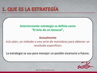AEA 278 / Negocios Electrónicos
Anteriormente estrategia se definía como
“El Arte de un General”,
Actualmente
«Un plan, un método o una serie de maniobras para obtener un
resultado específico»
La estrategia se usa para manejar un posible escenario a futuro.
 