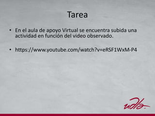 Tarea
• En el aula de apoyo Virtual se encuentra subida una
actividad en función del video observado.
• https://www.youtube.com/watch?v=eRSF1WxM-P4
 
