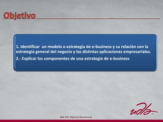 AEA 278 / Negocios Electrónicos
1. Identificar un modelo o estrategia de e-business y su relación con la
estrategia general del negocio y las distintas aplicaciones empresariales.
2.- Explicar los componentes de una estrategia de e-business
 