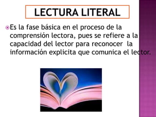  Es

la fase básica en el proceso de la
comprensión lectora, pues se refiere a la
capacidad del lector para reconocer la
información explicita que comunica el lector.

 