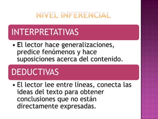 INTERPRETATIVAS
• El lector hace generalizaciones,
predice fenómenos y hace
suposiciones acerca del contenido.

DEDUCTIVAS
• El lector lee entre líneas, conecta las
ideas del texto para obtener
conclusiones que no están
directamente expresadas.

 