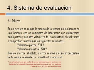 4. Sistema de evaluación " La naturaleza hace que los hombres nos parezcamos unos a otros y nos juntemos; la educación hace que seamos diferentes y que nos alejemos Confucio (551 AC-478 AC) Filósofo chino " 4.1. Talleres En un circuito se realiza la medida de la tensión en los bornes de una lámpara, con un voltímetro de laboratorio que utilizaremos como patrón y con otro voltímetro de uso industrial, el cual vamos a comprobar y obtenemos los siguientes resultados: Voltímetro patrón: 230 V. Voltímetro industrial: 228 V. Calculo el error  absoluto, el error relativo y el error porcentual de la medida realizada con  el voltímetro industrial.  
