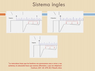 Sistema ingles " La naturaleza hace que los hombres nos parezcamos unos a otros y nos juntemos; la educación hace que seamos diferentes y que nos alejemos« Confucio (551 AC-478 AC) Filósofo chino 