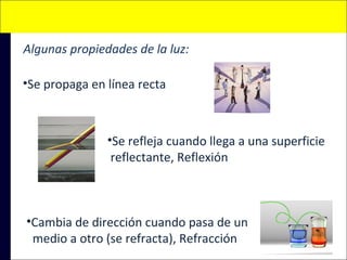 Algunas propiedades de la luz:
•Se propaga en línea recta

•Se refleja cuando llega a una superficie
reflectante, Reflexión

•Cambia de dirección cuando pasa de un
medio a otro (se refracta), Refracción

 