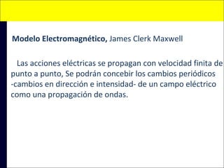 Modelo Electromagnético, James Clerk Maxwell
Las acciones eléctricas se propagan con velocidad finita de
punto a punto, Se podrán concebir los cambios periódicos
-cambios en dirección e intensidad- de un campo eléctrico
como una propagación de ondas.

 