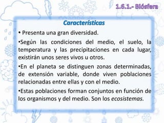 • Presenta una gran diversidad.
•Según las condiciones del medio, el suelo, la
temperatura y las precipitaciones en cada lugar,
existirán unos seres vivos u otros.
•En el planeta se distinguen zonas determinadas,
de extensión variable, donde viven poblaciones
relacionadas entre ellas y con el medio.
•Estas poblaciones forman conjuntos en función de
los organismos y del medio. Son los ecosistemas.
 