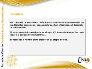 Estructura


HISTORIA DE LA EPISTEMOLOGÍA: En esta unidad se hará un recorrido por
 HISTORIA DE LA EPISTEMOLOGÍA: En esta unidad se hará un recorrido por
las diferentes escuelas del pensamiento que han influenciado el desarrollo
 las diferentes escuelas del pensamiento que han influenciado el desarrollo
de la Humanidad.
 de la Humanidad.

El recorrido se inicia en Grecia, en el siglo XVI Antes de Nuestra Era hasta
 El recorrido se inicia en Grecia, en el siglo XVI Antes de Nuestra Era hasta
llegar aala sociedad contemporánea . .
 llegar la sociedad contemporánea

Se reconoce al hombre como creador de su propia historia.
 Se reconoce al hombre como creador de su propia historia.
 