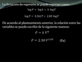 La Ecuación de regresión se puede expresar como:
De acuerdo al planteamiento anterior, la relación entre las
variables se puede escribir de la siguiente manera:
(Pa)
 