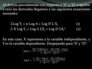Al derivar parcialmente con respecto a “A" y “D" e igualar
a cero las derivadas llegamos a las siguientes ecuaciones
normales:
Log Yi = n Log A + Log D Xi (1)
X Log Yi = Log A Xi + Log D Xi
2 (2)
En este caso, X representa a la variable independiente, y
Y es la variable dependiente. Despejando para “A” y “D”:
 