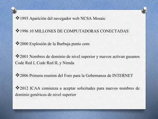 1993 Aparición del navegador web NCSA Mosaic 
1996 10 MILLONES DE COMPUTADORAS CONECTADAS 
2000 Explosión de la Burbuja punto com 
2001 Nombres de dominio de nivel superior y nuevos activan gusanos 
Code Red I, Code Red II, y Nimda 
2006 Primera reunion del Foro para la Gobernanza de INTERNET 
2012 ICAA comienza a aceptar solicitudes para nuevos nombres de 
dominio genéricos de nivel superior 
 
