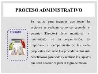 PROCESO ADMINISTRATIVO
Evaluación
Se realiza para asegurar que todas las
acciones se realizan como corresponde, el
gerente (Director) debe monitorear el
rendimiento de la organización. Es
importante el cumplimiento de las metas
propuestas mediante los procedimientos más
beneficiosos para todos y realizar los ajustes
que sean necesarios para el logro de metas.
 