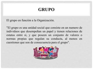 GRUPO
El grupo en función a la Organización.
"El grupo es una unidad social que consiste en un numero de
individuos que desempeñan un papel y tienen relaciones de
estatus entre sí, y que poseen un conjunto de valores o
normas propias que regulan su conducta, al menos en
cuestiones que son de consecuencia para el grupo".
 