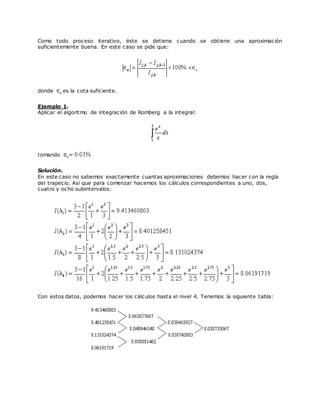 Como todo proceso iterativo, éste se detiene cuando se obtiene una aproximación
suficientemente buena. En este caso se pide que:
donde es la cota suficiente.
Ejemplo 1.
Aplicar el algoritmo de integración de Romberg a la integral:
tomando
Solución.
En este caso no sabemos exactamente cuantas aproximaciones debemos hacer con la regla
del trapecio. Así que para comenzar hacemos los cálculos correspondientes a uno, dos,
cuatro y ocho subintervalos:
Con estos datos, podemos hacer los cálculos hasta el nivel 4. Tenemos la siguiente tabla:
 