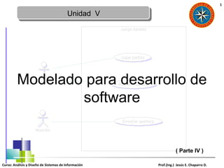 1

                                         Unidad V




         Modelado para desarrollo de
                 software


                                                                 ( Parte IV )

Curso: Análisis y Diseño de Sistemas de Información   Prof.(Ing.) Jesús E. Chaparro D.
 