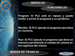 MÓDULOS
FUNCIONALES
MODOS DE TRABAJO
Program: El PLC está en reposo y puede
recibir o enviar el programa a un periférico.
Monitor: El PLC ejecuta el programa que tiene
en memoria.
Run: El PLC ejecuta el programa que tiene en
memoria permitiendo el cambio de valores en
los registros del mismo.
 
