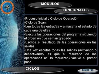 MÓDULOS
FUNCIONALES
CICLOS
-Proceso Inicial y Ciclo de Operación
-Ciclo de Scan:
•Lee todas las entradas y almacena el estado de
cada una de ellas
•Ejecuta las operaciones del programa siguiendo
el orden en que se han grabado
•Escribe el resultado de las operaciones en las
salidas.
•Una vez escritas todas las salidas (activando o
desactivando las que el resultado de las
operaciones así lo requieran) vuelve al primer
paso.
 