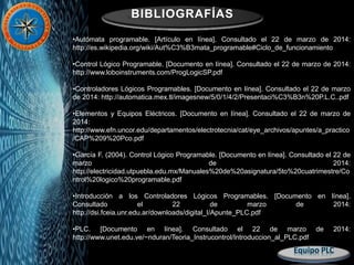 BIBLIOGRAFÍAS
•Autómata programable. [Artículo en línea]. Consultado el 22 de marzo de 2014:
http://es.wikipedia.org/wiki/Aut%C3%B3mata_programable#Ciclo_de_funcionamiento
•Control Lógico Programable. [Documento en línea]. Consultado el 22 de marzo de 2014:
http://www.loboinstruments.com/ProgLogicSP.pdf
•Controladores Lógicos Programables. [Documento en línea]. Consultado el 22 de marzo
de 2014: http://automatica.mex.tl/imagesnew/5/0/1/4/2/Presentaci%C3%B3n%20P.L.C..pdf
•Elementos y Equipos Eléctricos. [Documento en línea]. Consultado el 22 de marzo de
2014:
http://www.efn.uncor.edu/departamentos/electrotecnia/cat/eye_archivos/apuntes/a_practico
/CAP%209%20Pco.pdf
•García F. (2004). Control Lógico Programable. [Documento en línea]. Consultado el 22 de
marzo de 2014:
http://electricidad.utpuebla.edu.mx/Manuales%20de%20asignatura/5to%20cuatrimestre/Co
ntrol%20logico%20programable.pdf
•Introducción a los Controladores Lógicos Programables. [Documento en línea].
Consultado el 22 de marzo de 2014:
http://dsi.fceia.unr.edu.ar/downloads/digital_I/Apunte_PLC.pdf
•PLC. [Documento en línea]. Consultado el 22 de marzo de 2014:
http://www.unet.edu.ve/~nduran/Teoria_Instrucontrol/Introduccion_al_PLC.pdf
 