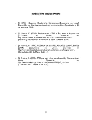 10
REFERENCIAS BIBLIOGRÁFICAS
[1] CRM - Customer Relationship Management.[Documento en Línea].
Disponible en: http://www.webandmacros.com/crm.htm.(Consultado el 26
de Marzo de 2014).
[2] Rivero, F. (2013). Fundamentos CRM – Procesos y Arquitectura.
[Documento en Línea]. Disponible en:
http://onsoluciones.wordpress.com/2013/09/21/fundamentos-crm-1-
procesos-y-arquitectura/. (Consultado el 26 de Marzo de 2014).
[3] Herrera, C. (2005). GESTIÓN DE LAS RELACIONES CON CLIENTES
(CRM). [Documento en Línea]. Disponible en:
http://www.adictosaltrabajo.com/tutoriales/tutoriales.php?pagina=crm1.
(Consultado el 26 de Marzo de 2014).
[4] Aneiros, A. (2000). CRM qué es y cómo sacarle partido. [Documento en
Línea]. Disponible en:
http://www.marketingycomercio.com/numero15/00jul6_crm.htm.
(Consultado el 27 de Marzo de 2014).
 